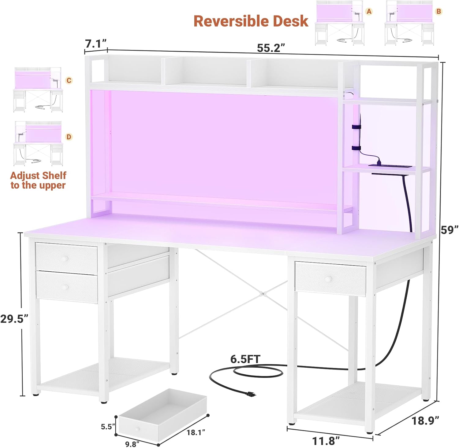 Gaming Desk with Hutch, 47.2'' and 55.2'' Computer Desk with Drawers, Reversible Office Desk with Storage Bookshelf Large Workstation Desk with Shelf