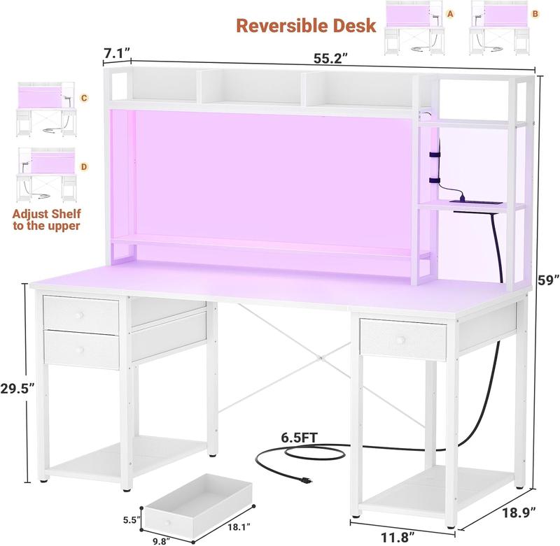 Gaming Desk with Hutch, 47.2'' and 55.2'' Computer Desk with Drawers, Reversible Office Desk with Storage Bookshelf Large Workstation Desk with Shelf