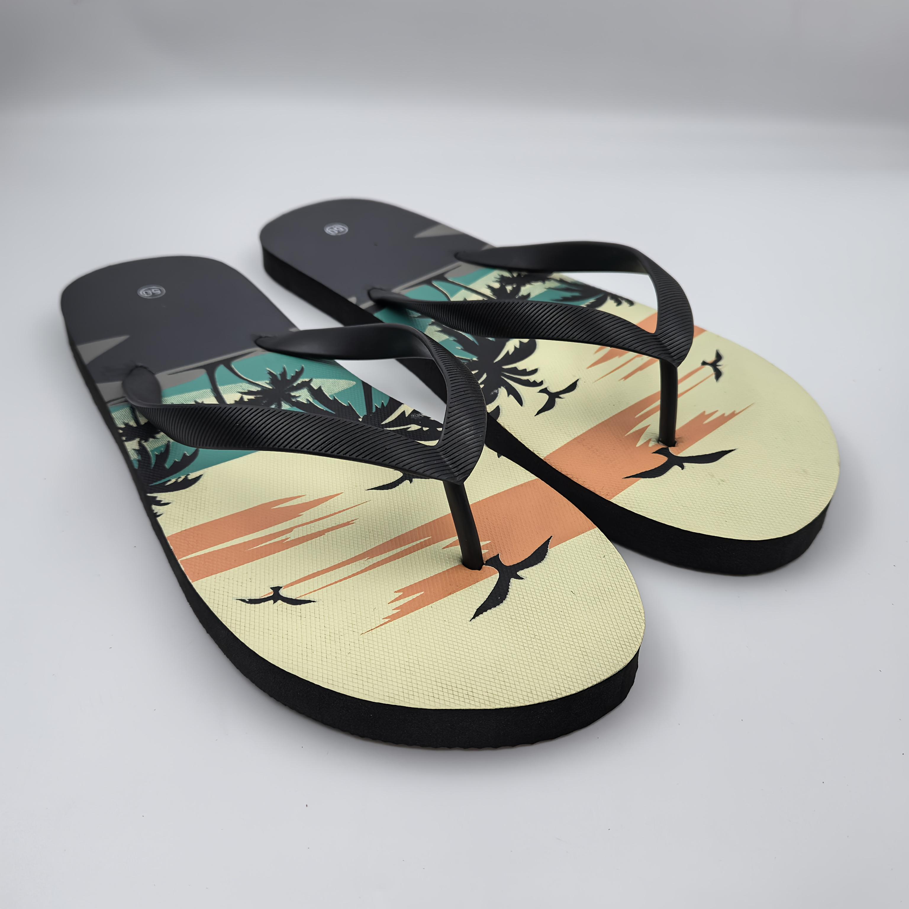 New Men's Herringbone Slippers, Extra Large Size Beach Shoes, Non-Slip Slip-On, Seaside Style with Printed Pattern