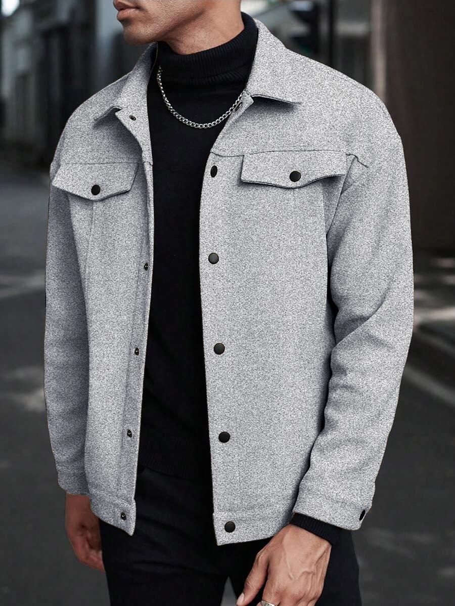 Men's Plain Color Flight Jacket for Autumn and Winter, Classic Stand-up Collar Design with Single-row Button Closure, American Vintage Coat, Back-to- Jacket, Motorcycle Suit. Casual Fashionable Jacket Workwear Jackets Casual Fitted Jackets Collared Jacket