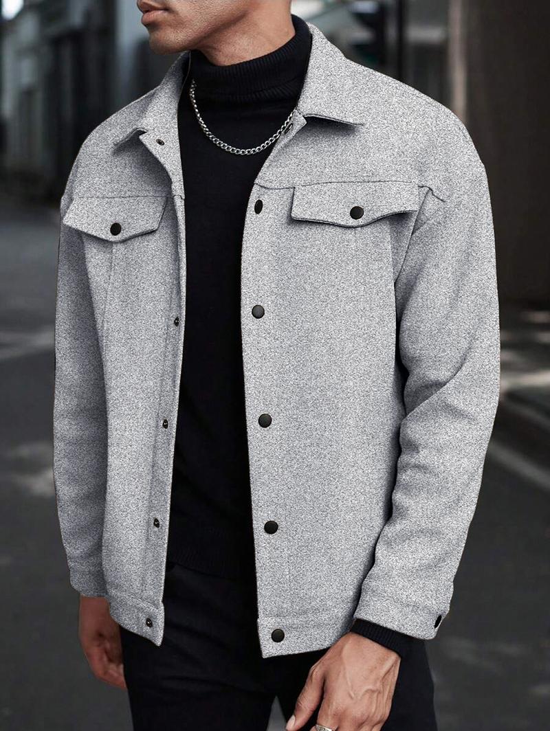 Men's Plain Color Flight Jacket for Autumn and Winter, Classic Stand-up Collar Design with Single-row Button Closure, American Vintage Coat, Back-to- Jacket, Motorcycle Suit. Casual Fashionable Jacket Workwear Jackets