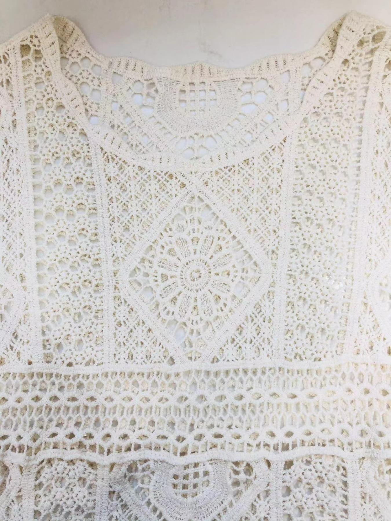 Boho Style Women's Hollow Out Knit Cardigan, Long Sleeve Round Neck, Beach Vacation Travel Casual Wear, Elegant All-Season Outerwear