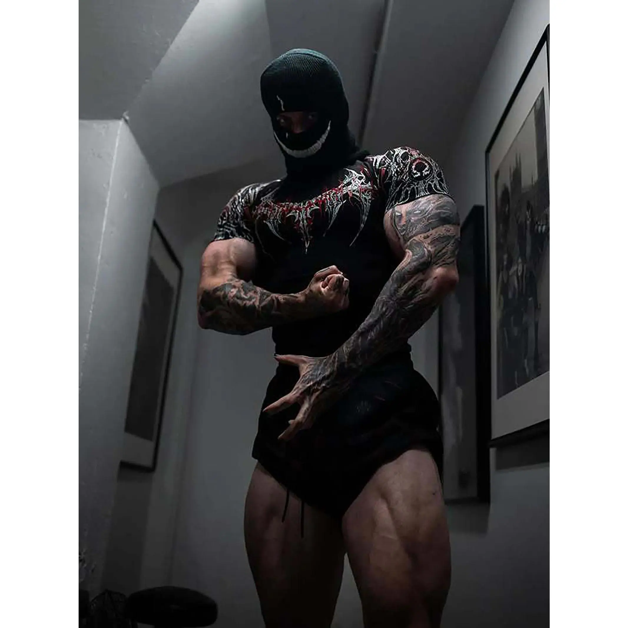 New Summer GYM T-shirt Men's Gothic Print Muscle Tee High Elasticity And Quick Drying Exercise For Bodybuilding Training T-shirt