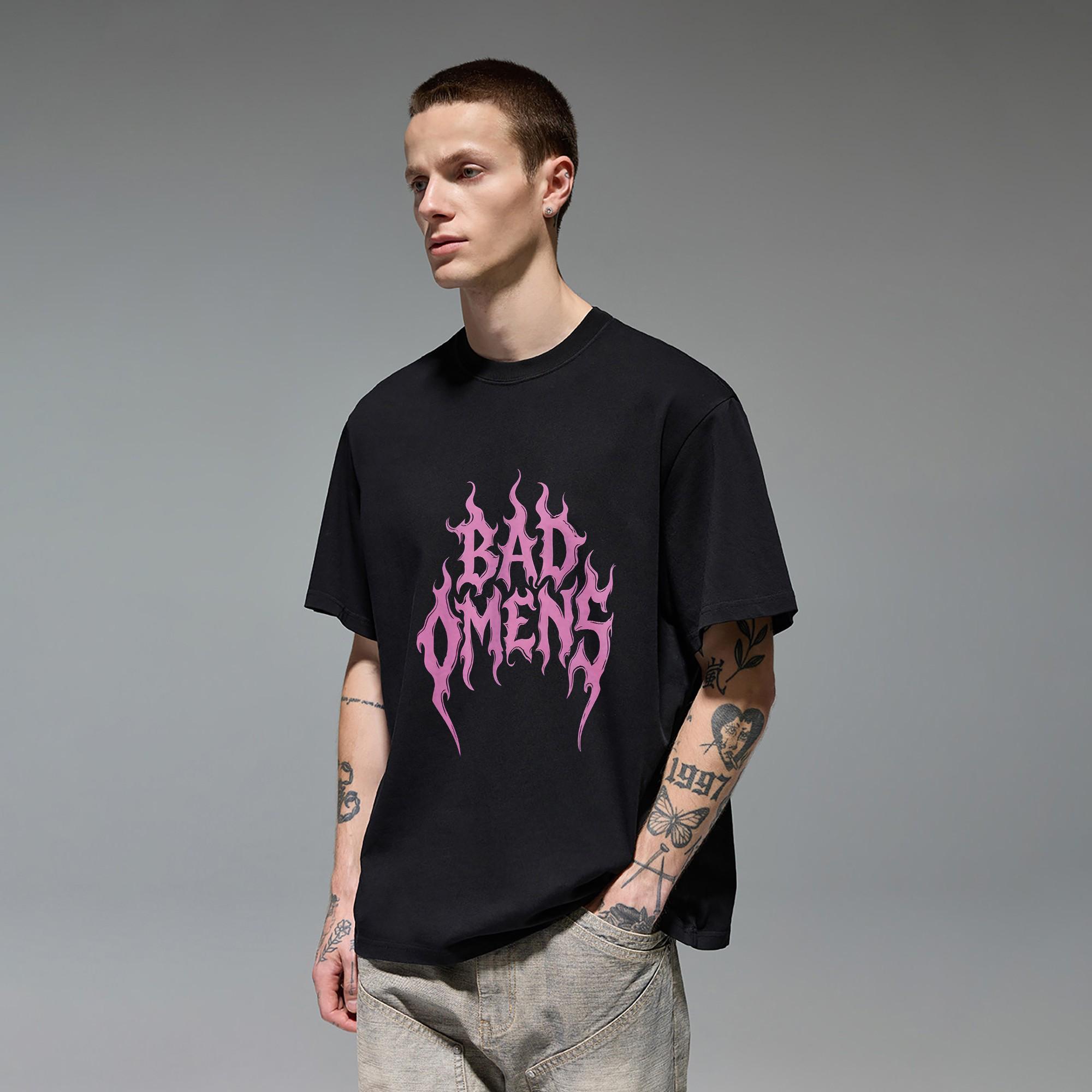Bad Omens Pink Flame Gothic Font Metalcore Band Vibe Novelty Gift for Teen Girls Women Heavy Metal Rock Music Fan Alt Emo Scene Aesthetic Pastel Goth Edgy Grunge Style original oversized cotton graphic tee cutting ideas T-shirt for men apparel