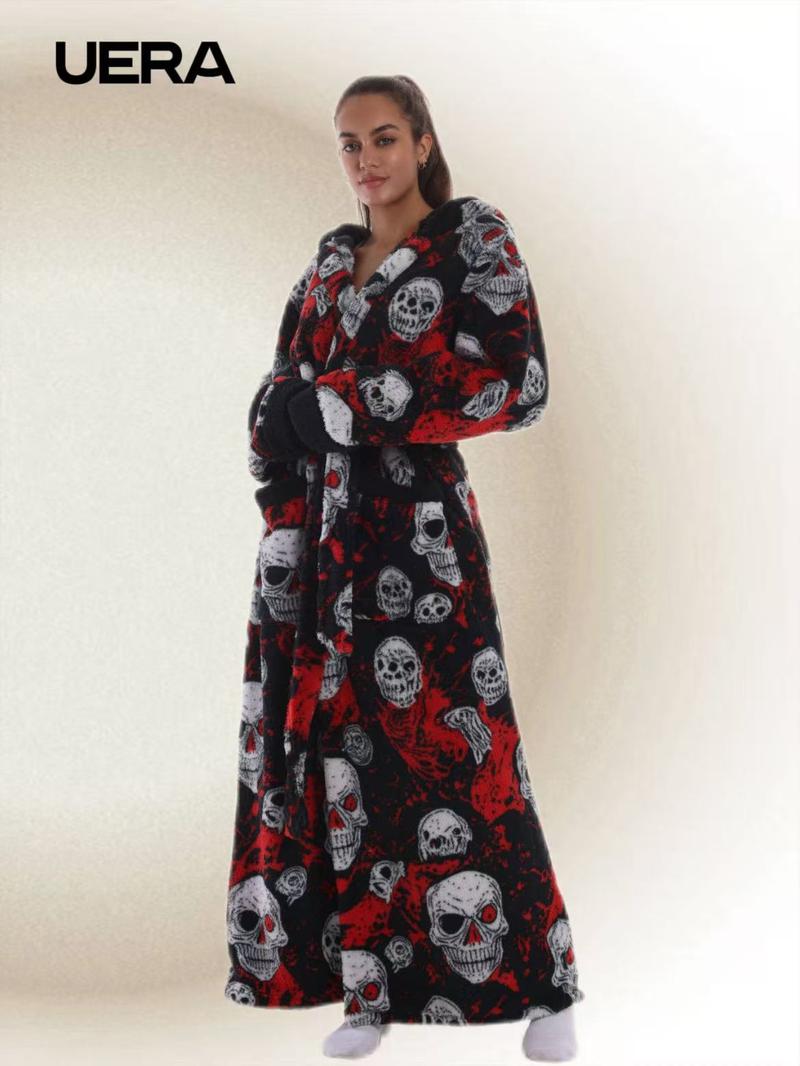 Skull Christmas Series Hooded Bathrobe, Elegant Casual Home Sleepwear, with Pockets, Long Sleeve, Fall & Winter Gift