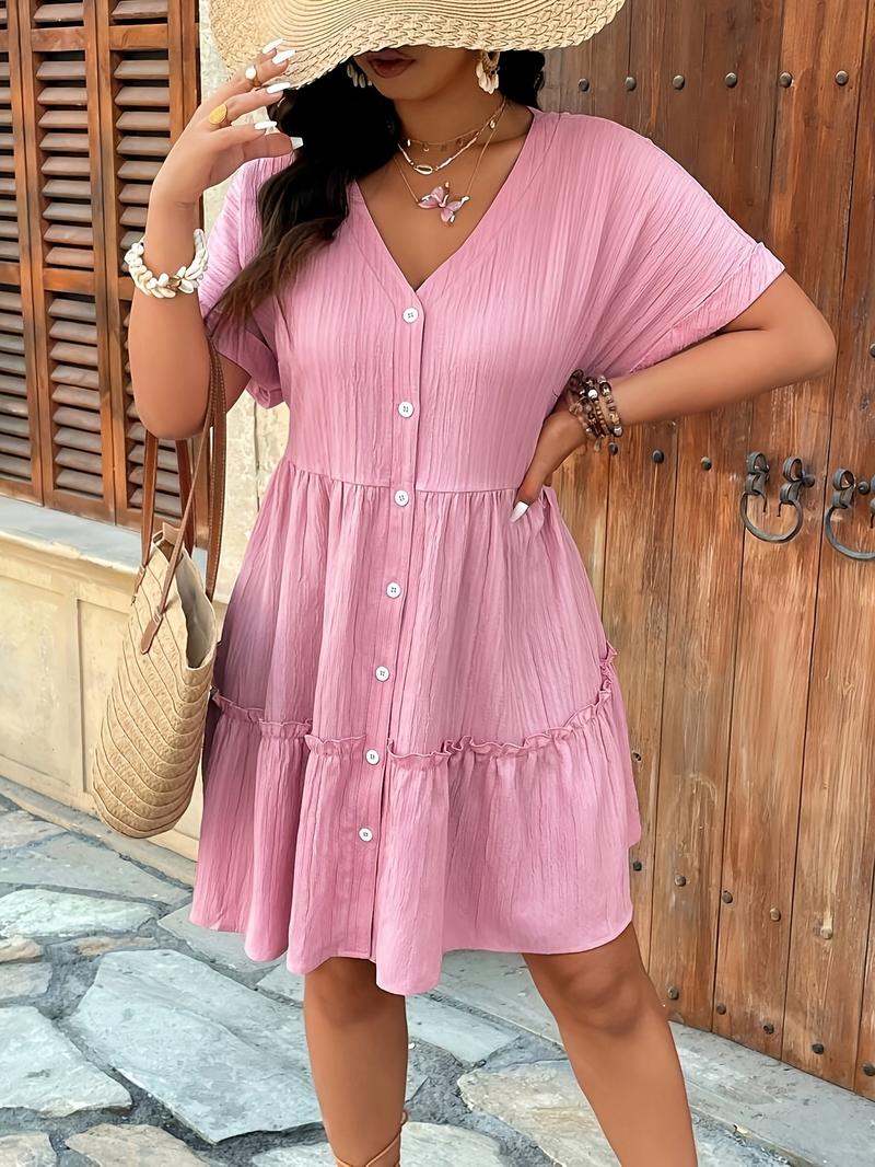 Plus Size V Neck Textured a Line Dress with Hollow Shoulders, Flared Hem for Summer, Women's Casual Sun Dress for Every Occasion