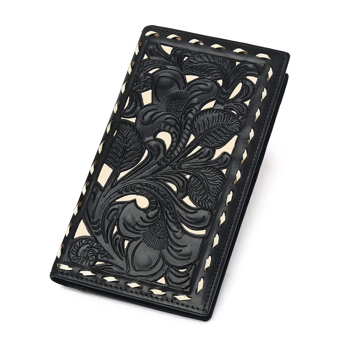 Women's Vintage Western 100% Full Grain Cowhide Leather Bifold Card Holder Wallet - Embossed Floral Long Checkbook Style with ID Window, RFID Blocking, Durable Fashion Daily Gold-Box Gift Purse