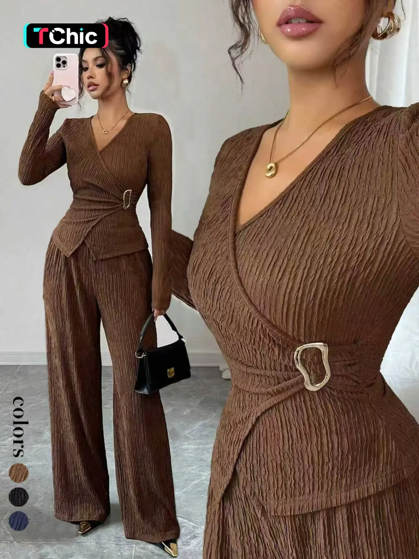 New Fall Winter Women's Casual Commuter Two-Piece Set, Solid Color Wrap Top and Pants, Long Sleeve Shirt and Bottoms Combo