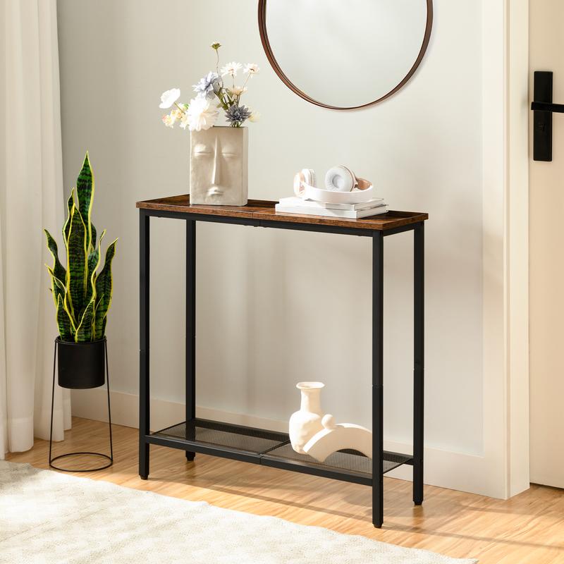 HOOBRO 2 Tier Thin Sofa Table, Side Table, Display Table,  29.5" Narrow Console Table, Small Entryway Table with Shelf,  for Hallway, Living Room, Bedroom, Rustic Brown and Black