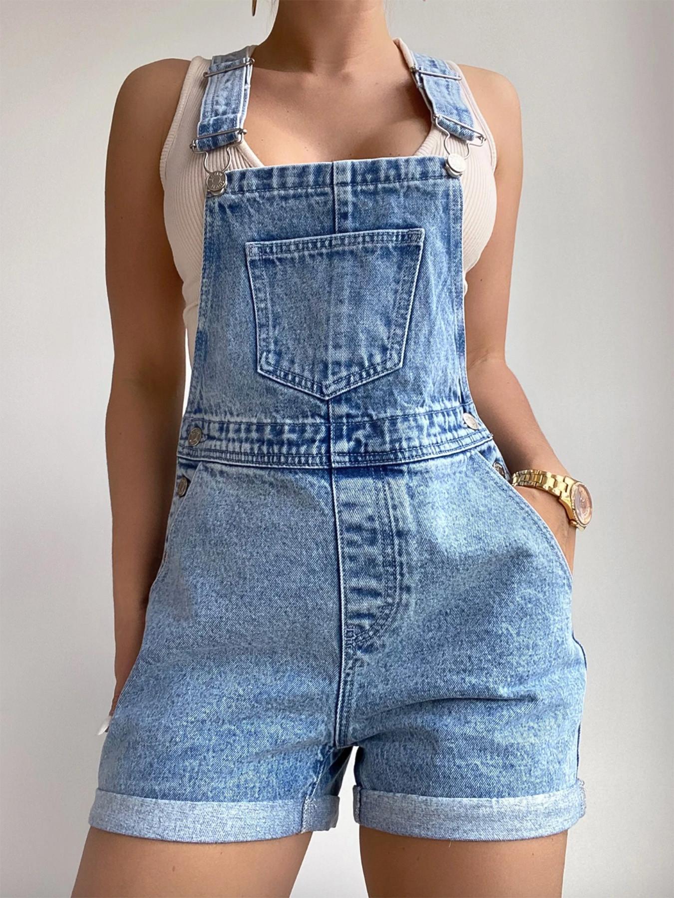 Women's Casual Roll Up Hem Denim Overalls Strap, Jeans Overalls, Shorts Bib Overalls, Vintage Denim Backless Shorts, High-Waisted Roll-Up Hem Casual Style, Loose-Fitting, Comfortable Fit, Perfect for Daily Wear, Adjustable, Baggy