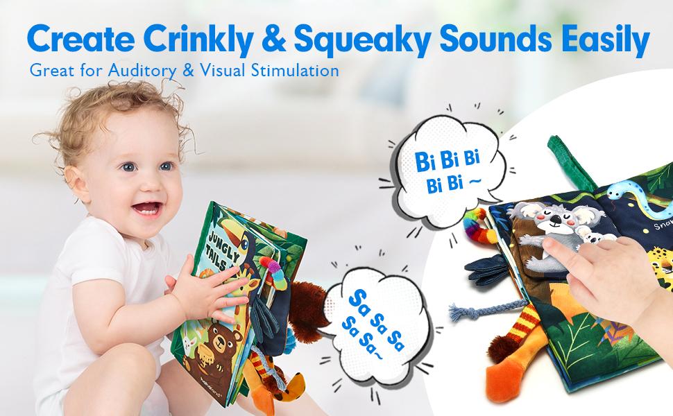 Hahaland Jungly Tails Baby Cloth Book -  Infant Tummy Time Toy Sensory Toys Touch Feel Baby Gifts for Boy Girl Early Learning Toy Early Education Montessori Sensory Infant Toy Newborn Baby Shower Gift