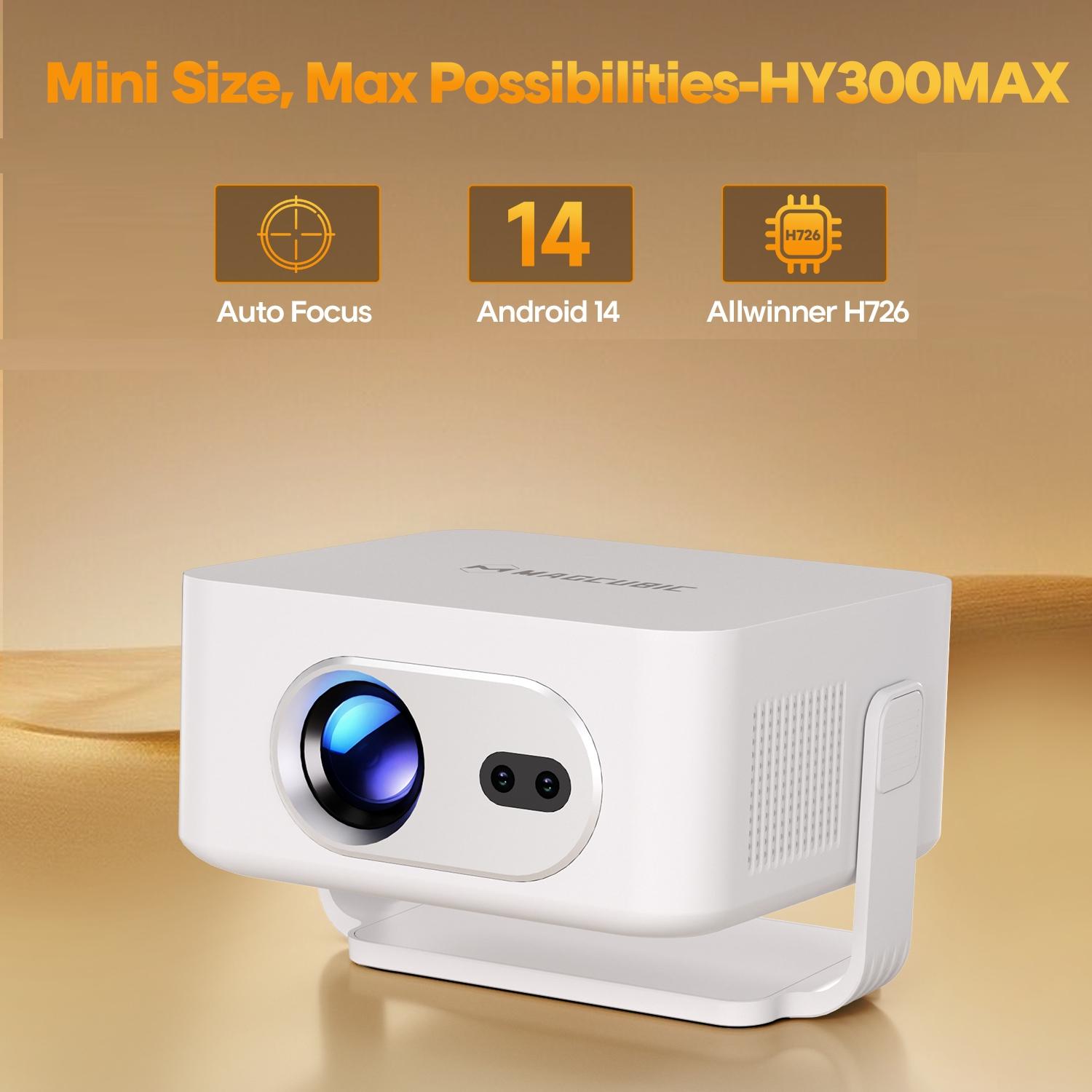 Magcubic HY300MAX Auto Focus wireless projector 400ANSI Android 14 Allwinner H726 with 0.8:1 Throw Ratio Dual WiFi6 BT5.4 HDR/HDR10+/HLG Auto Keystone Correction Portable Mini Home Cinema Movie Outdoor