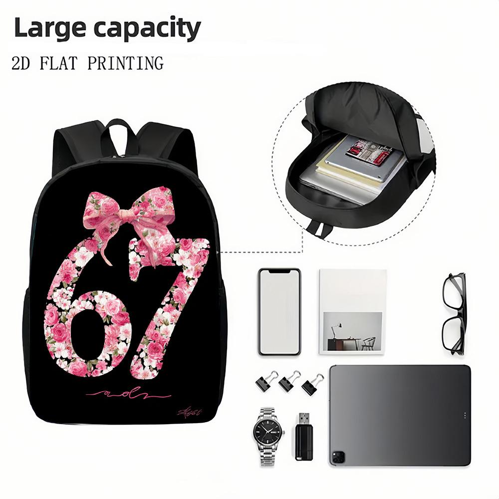1pc Kawaii Cute Backpack with 67 Number & Pink Rose Bow - Floral Print School Bag, Lightweight Durable Bookbag for Teen, for Back to School, College, Campus, Adjustable Straps & Numbered Design for Identification, for Teenager