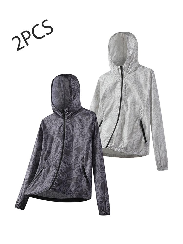 Summer Men's Casual Jacket, Zip Pocket Full-Zip Hooded Design, Maple Leaf Print, Lightweight Breathable, Sun Protection Jacket