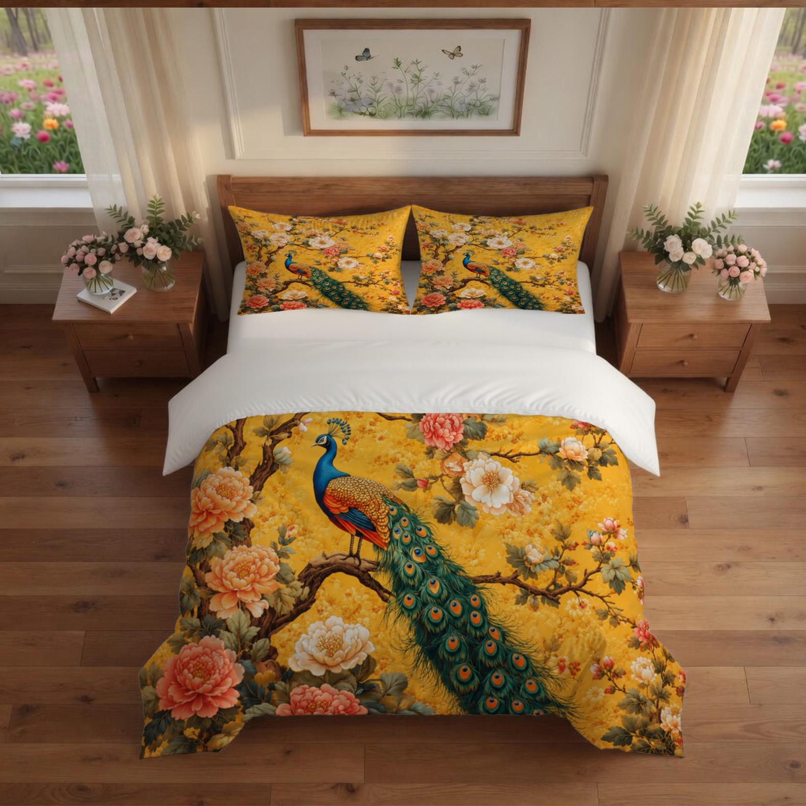 Peacock & Peony Duvet Cover Set, 2/3 Pieces (1 Duvet Cover + 1/2 Pillowcases, No Inserts Included), Vintage Oriental Floral Print, Soft & Breathable Bedding, Suitable for Adults' Bedroom Decor and Home Use for Chinese Style Lovers