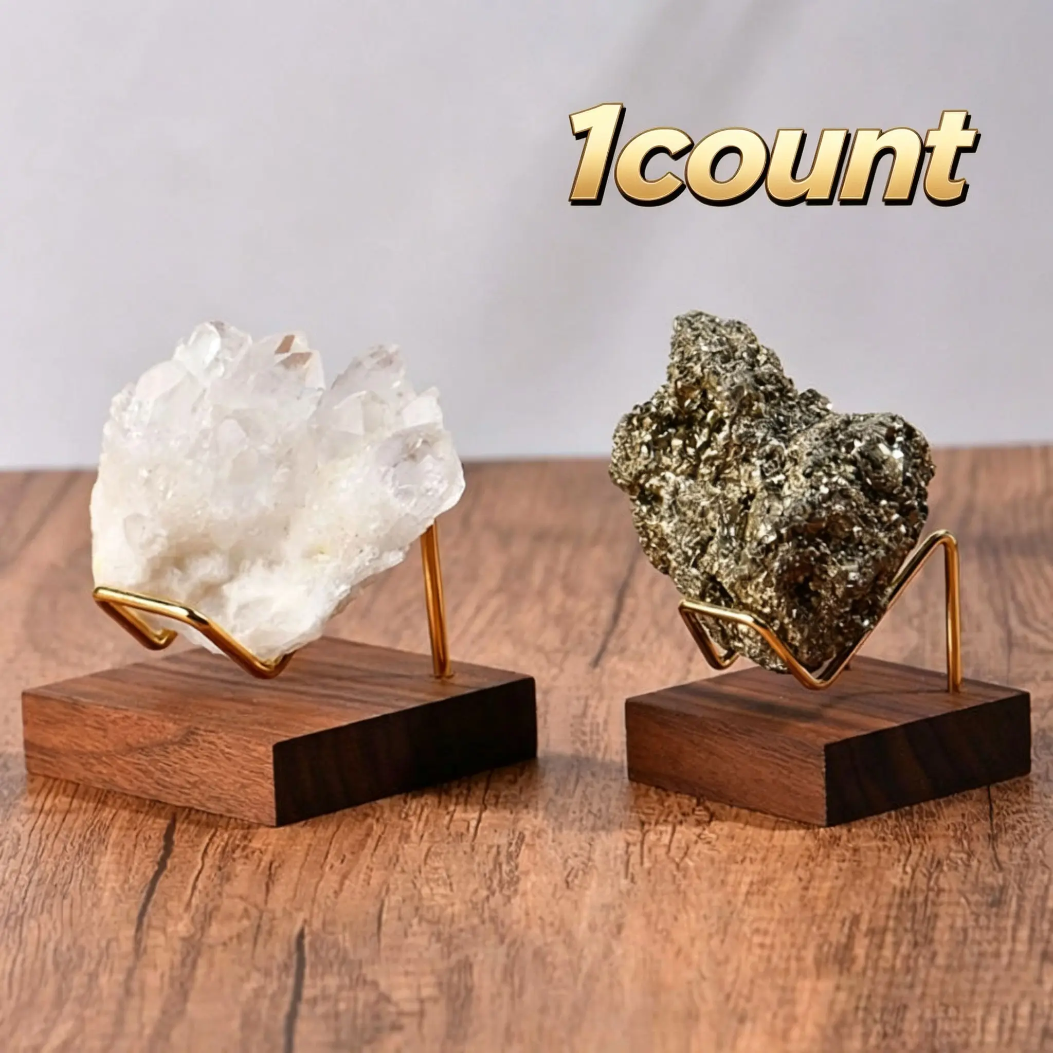 1pc Dual Structure Specimen Mineral Display Stand with Polished Metal Bracket & Solid Wood Base, Multi-Function Curved Support Holder, Crystal Fossil Mineral Stone Showcase Rack for Home Desktop Holiday Gift Layout, Geological Specimens