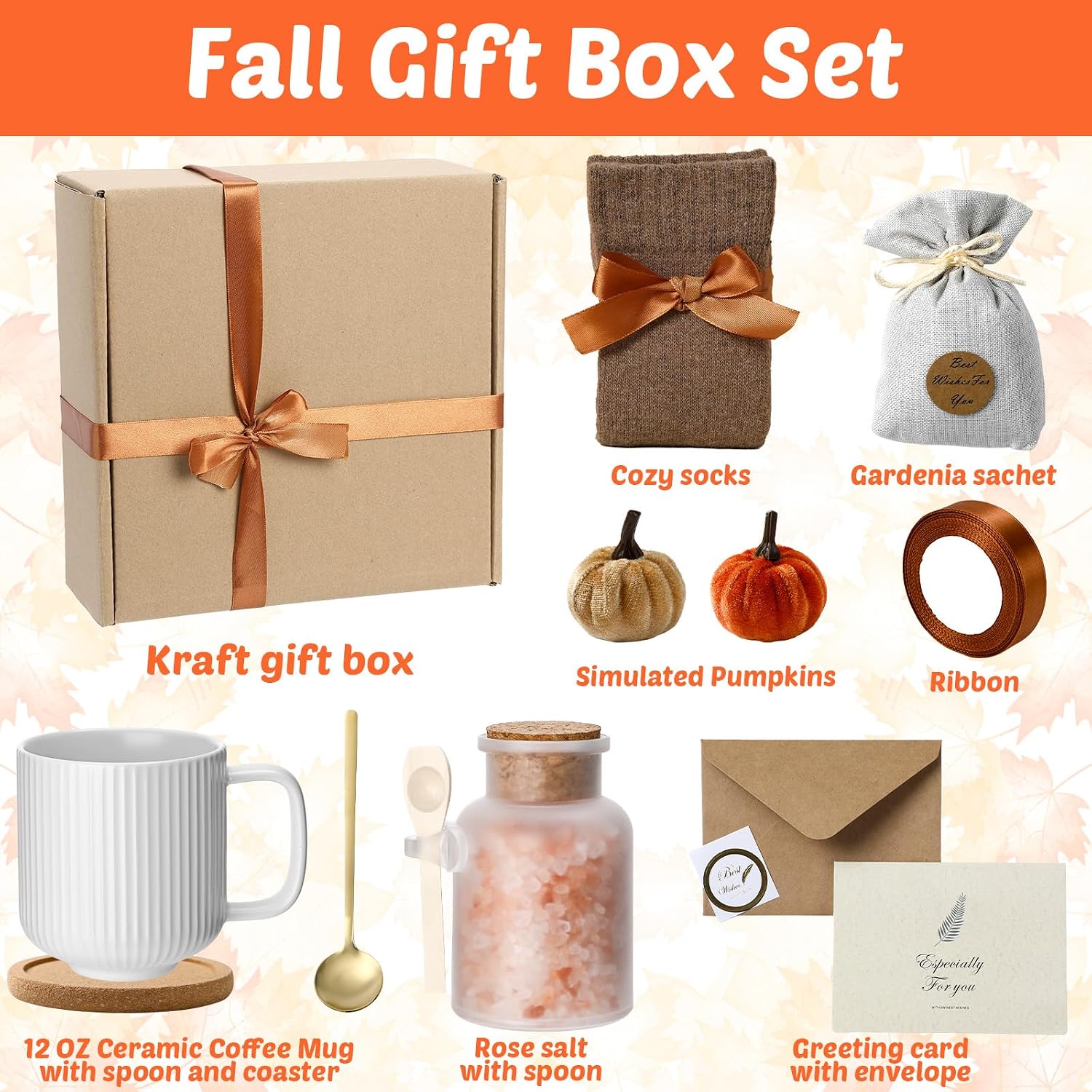 Fall  Box for Women, Autumn Gifts Baskets for Her, Thanksgiving , Self Care Box Set Include Coffee Mug Bath Salts Sachet Socks for  Family Grandma Teacher Autumn Birthday Holiday Gifts