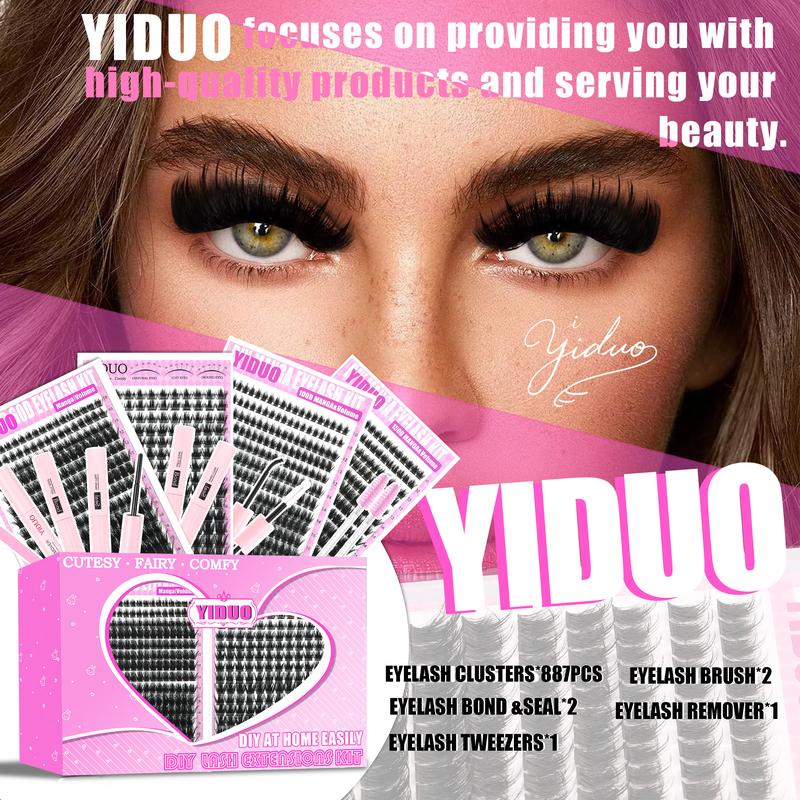 887 Pcs 4 Styles Lashes Kit 100D/150D/Manga/Volume Fluffy Eyelash Clusters Kit 10-18mm Cluster Eyelash Extension Kit D-Curl With Lash Bond and Seal*2, Lash Remover，Lash Tweezers,Eyelash Brush DIY at Home Easily