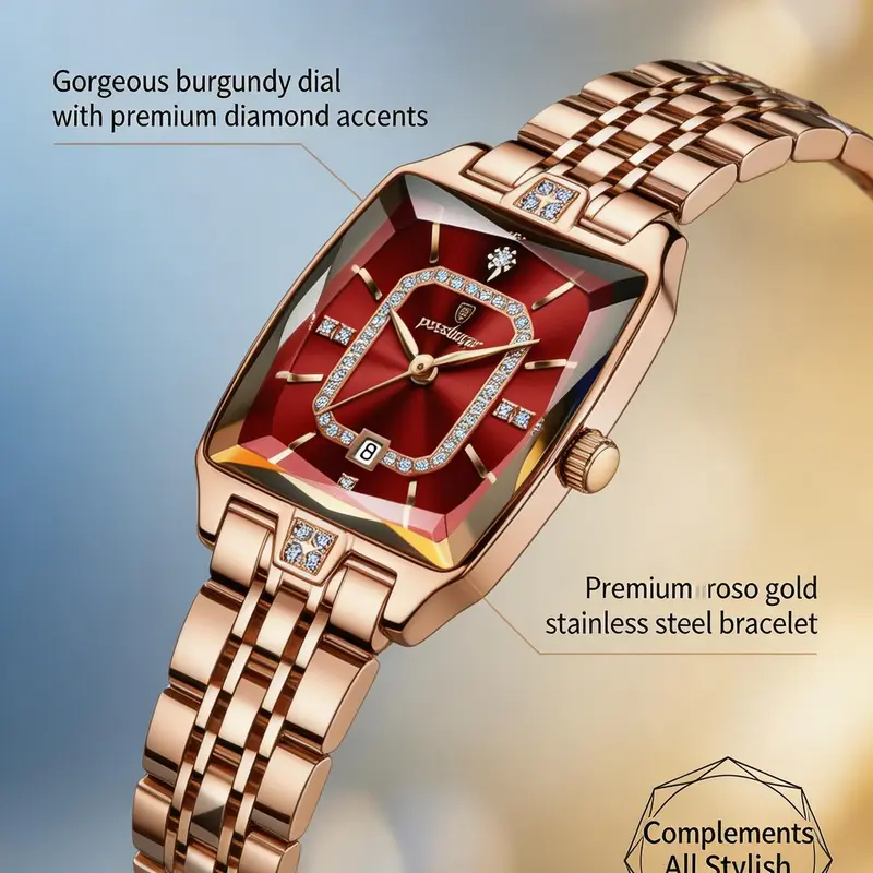 Luxury Women's Business Watch, Fashion Square Rose Gold Stainless Steel Quartz, Elegant Gift for Mother Wife Sister, Daily Wear, Square Dial Wristwatch, Modern Fashionable Wristwatch, Fashionable Analog Watch