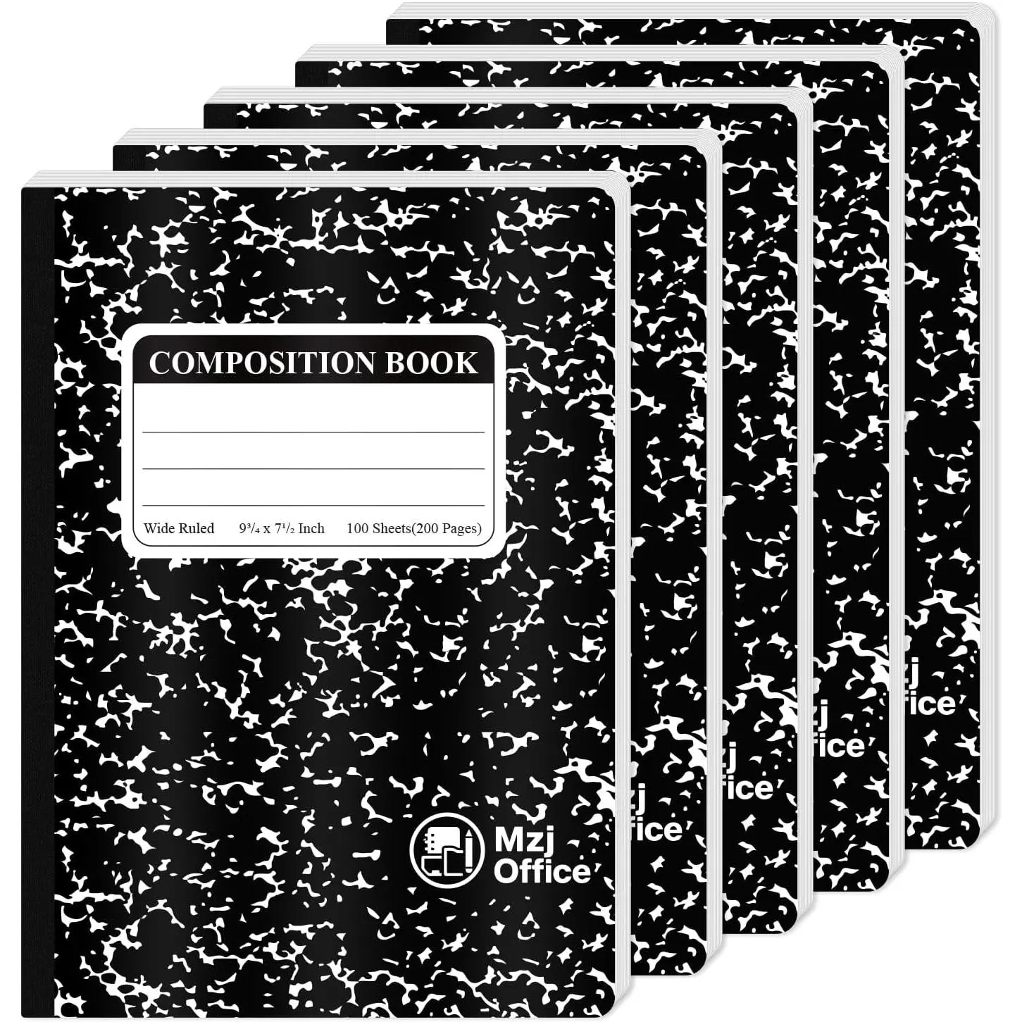 Marble Composition Notebooks, Wide Ruled, 5-Pack_100 Sheets | Black Marble Covers, 7-1/2" x 9-3/4" Wide Ruled Composition Books for School, Tutoring, and Office Notes for School Supplies.