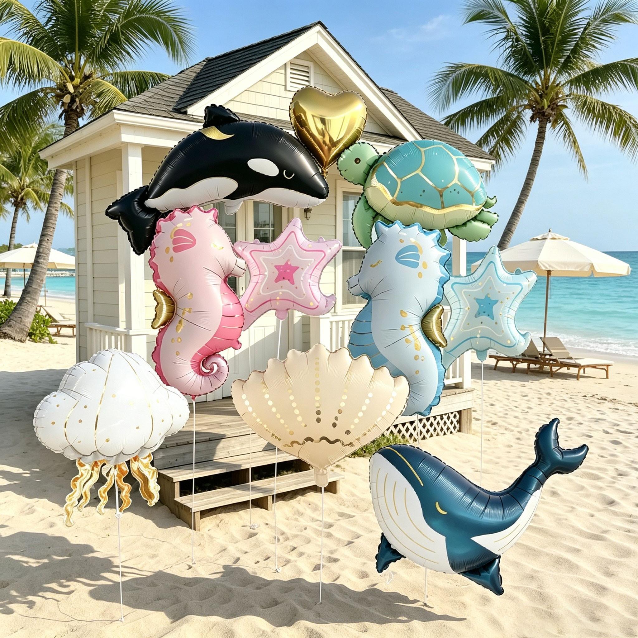 12-Piece Ocean Animal Aluminum Foil Balloons Set, Shell, Blue Whale, Jellyfish, Turtle, Seahorse, Orca, Heart Shape, Party Decorations