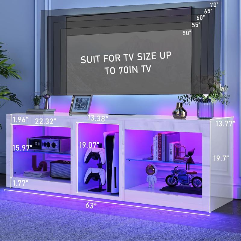 55/63/71/81 inch LED TV Stands W/Power Outlet,Black Entertainment Center W/70000-Colors Lights,High Gloss LED TV Console w/Adjustable Glass Shelves for Living Room Gameroom