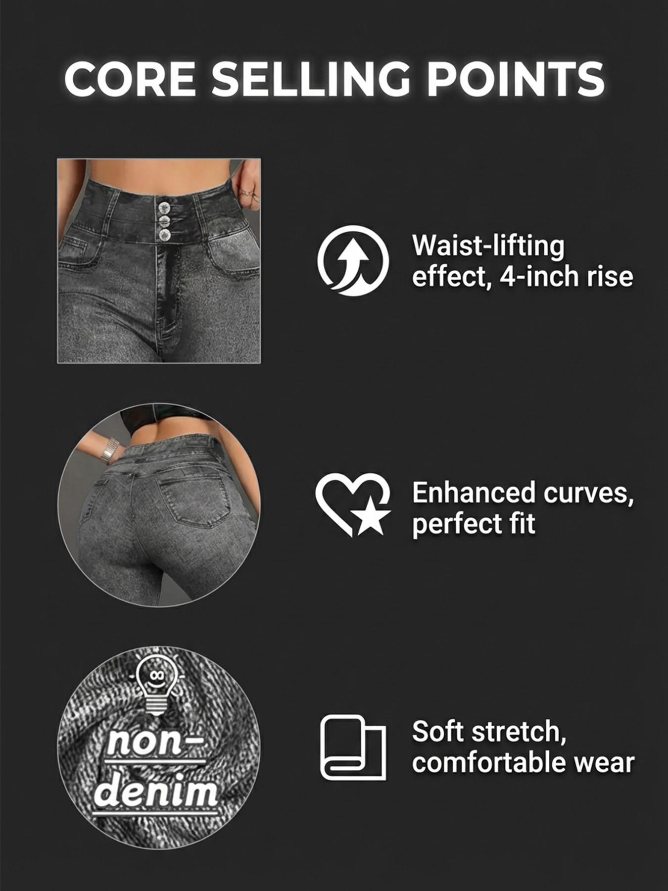 Women High-Waisted Stretch Denim-Style Pants, All-Seasons Slim-Fit Leggings, Breathable & Comfortable, Casual Sporty Style，faux denim fabric