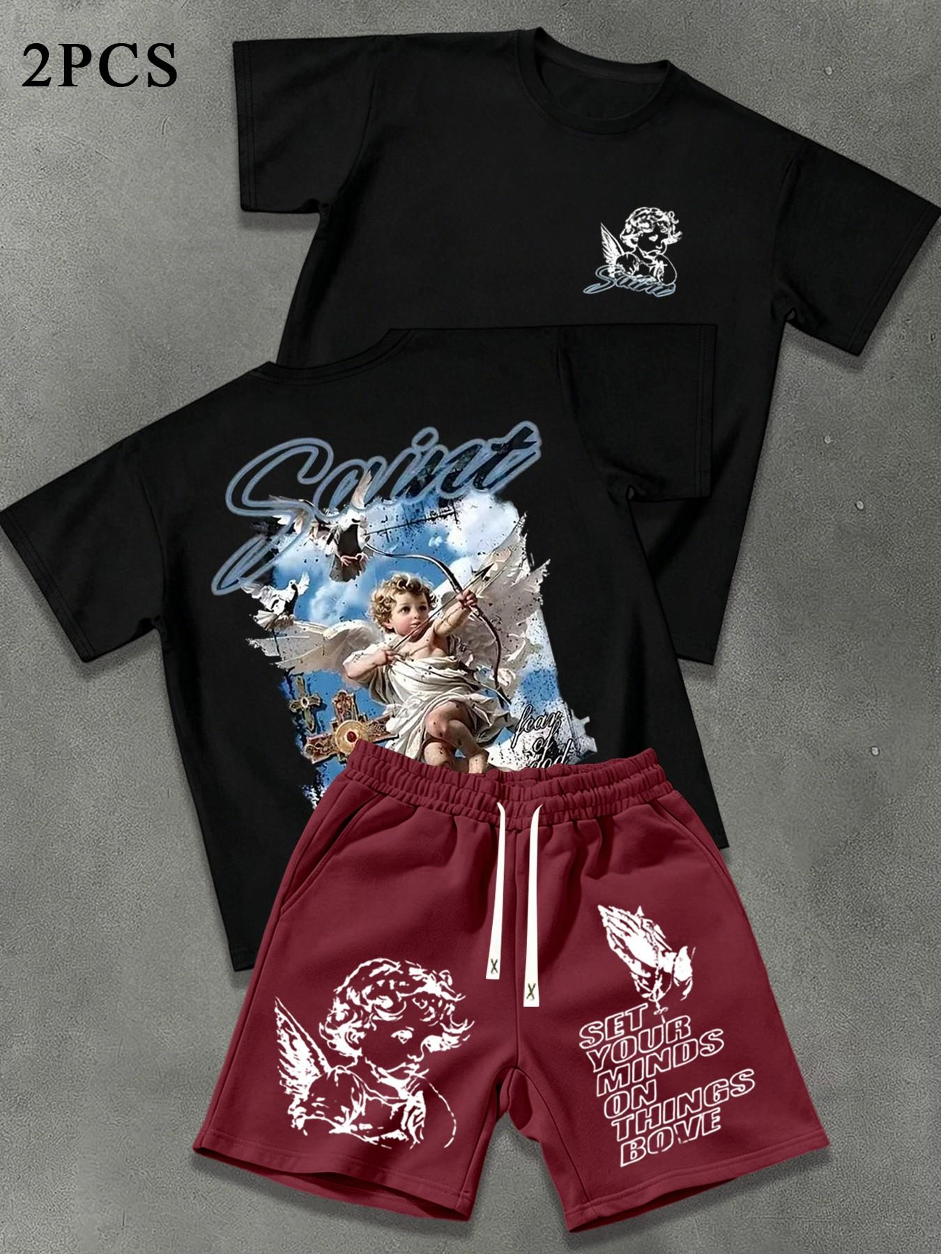 Men's Summer Angel Print 2-Piece Outfit Set, Matching Sets, Round Neck Casual Short Sleeve Top and Loose Drawstring Shorts, Ideal for Outdoor Activities and Streetwear Clothes