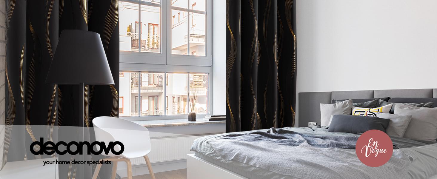 Deconovo Blackout Curtains - 2 Panels, Golden Wave Stripe Print | Thermal Insulated & Soundproof Drapes with Grommets for Living Room & Bedroom