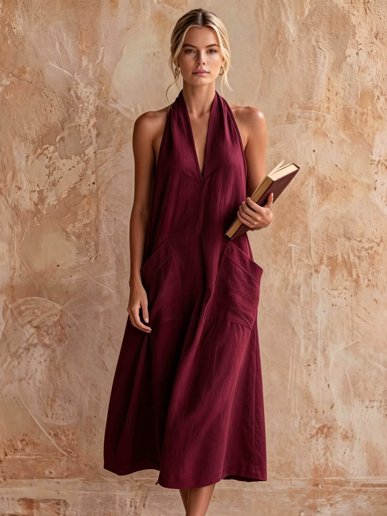 A fashionable women's neck hanging V-neck dress, summer Minimalist Casual loose sleeveless mid length lazy vacation long dress beach party dress suitable for beach vacation, coffee shop relaxation, afternoon tea, daily commuting, light office banquet