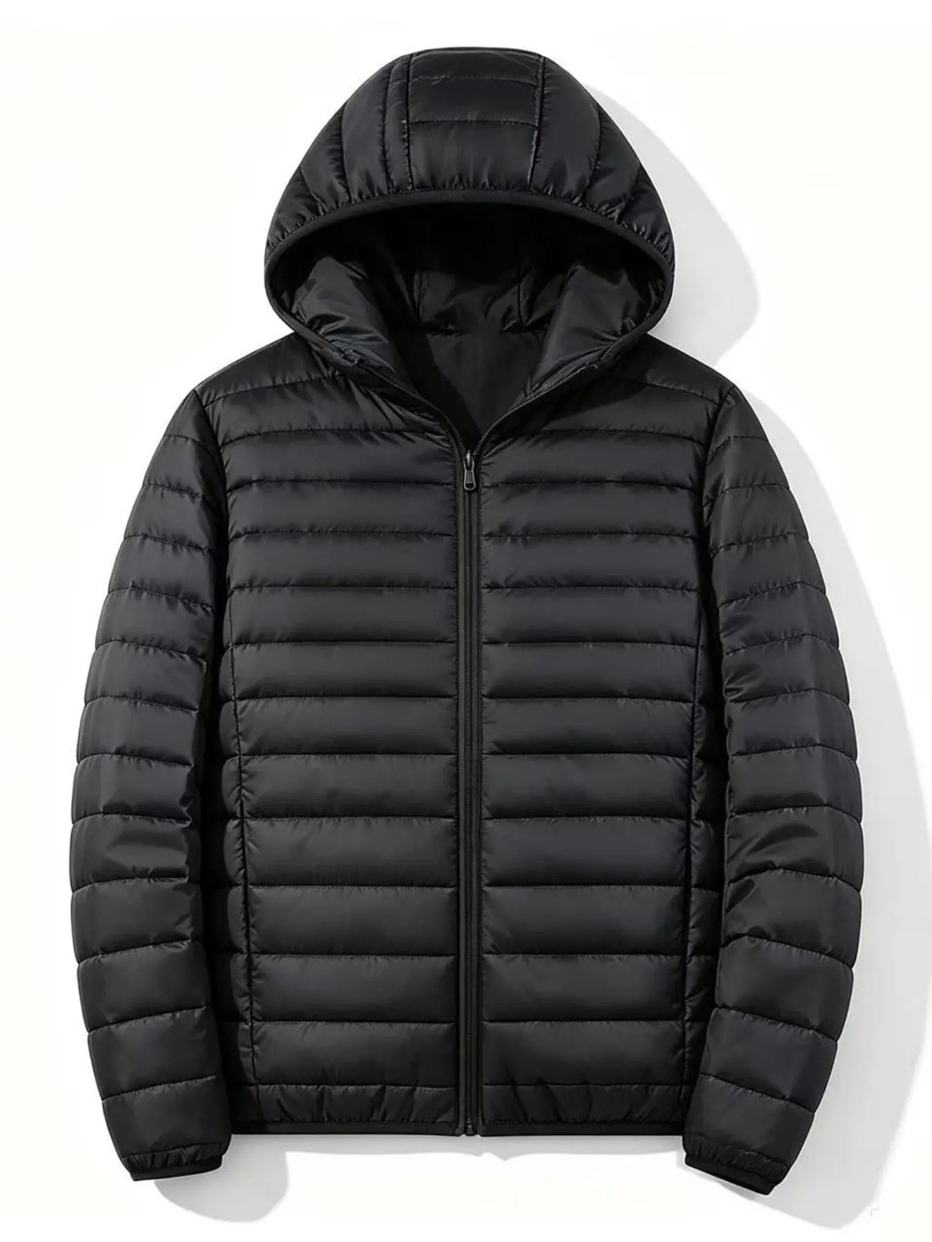 Men Lightweight Hooded Puffer Jacket Quilted Zip‑Up Short Coat Casual Windproof Warm Winter Outerwear Zipper