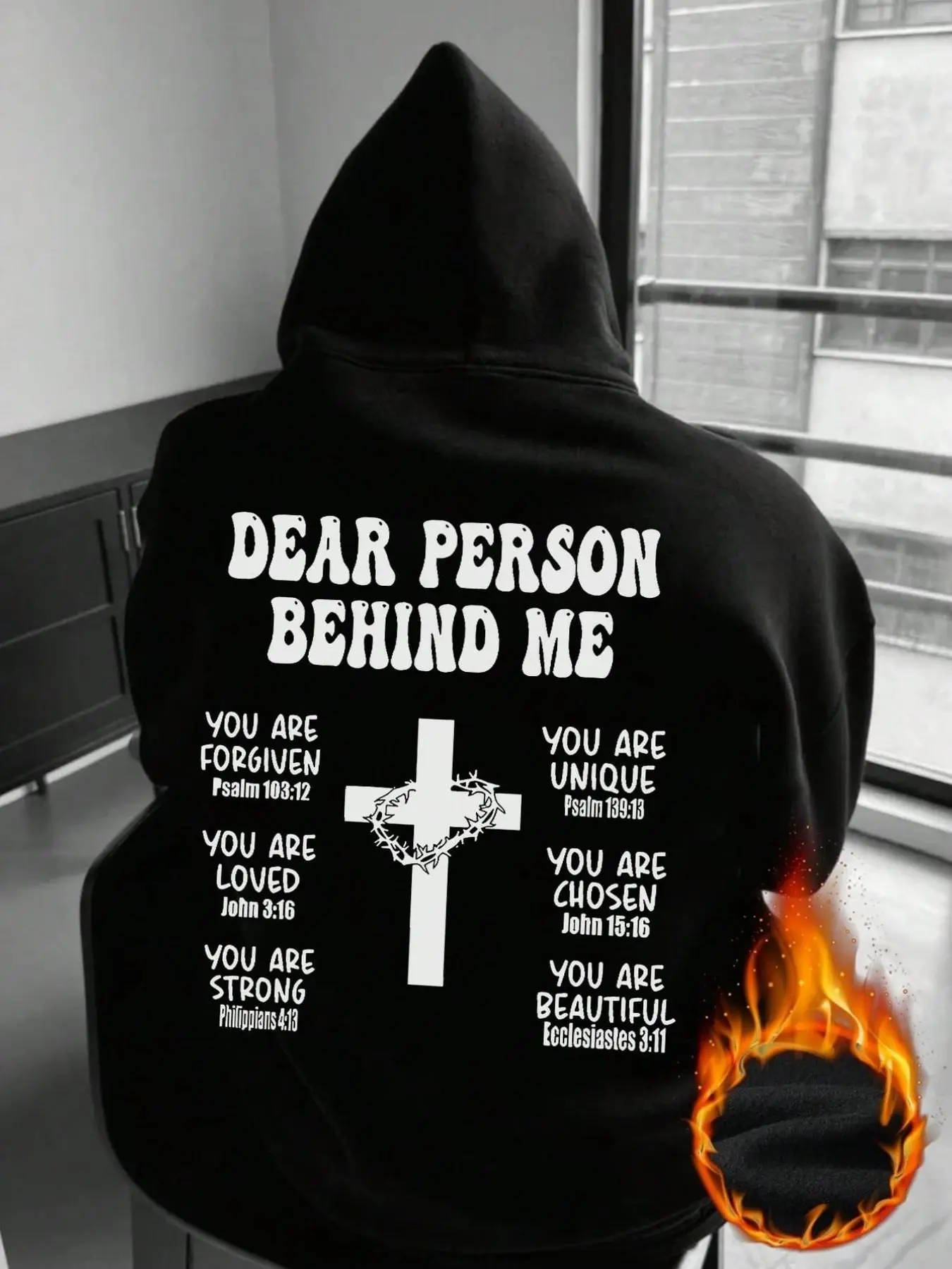 men's streetwear hoodie cross bible verse print fleece casual hooded jacket