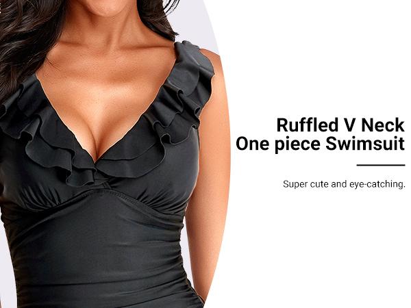 Holipick Women's Ruffle One Piece Swimsuits Tummy Control Bathing Suit V Neck Swimwear Slimming for Teen Girls