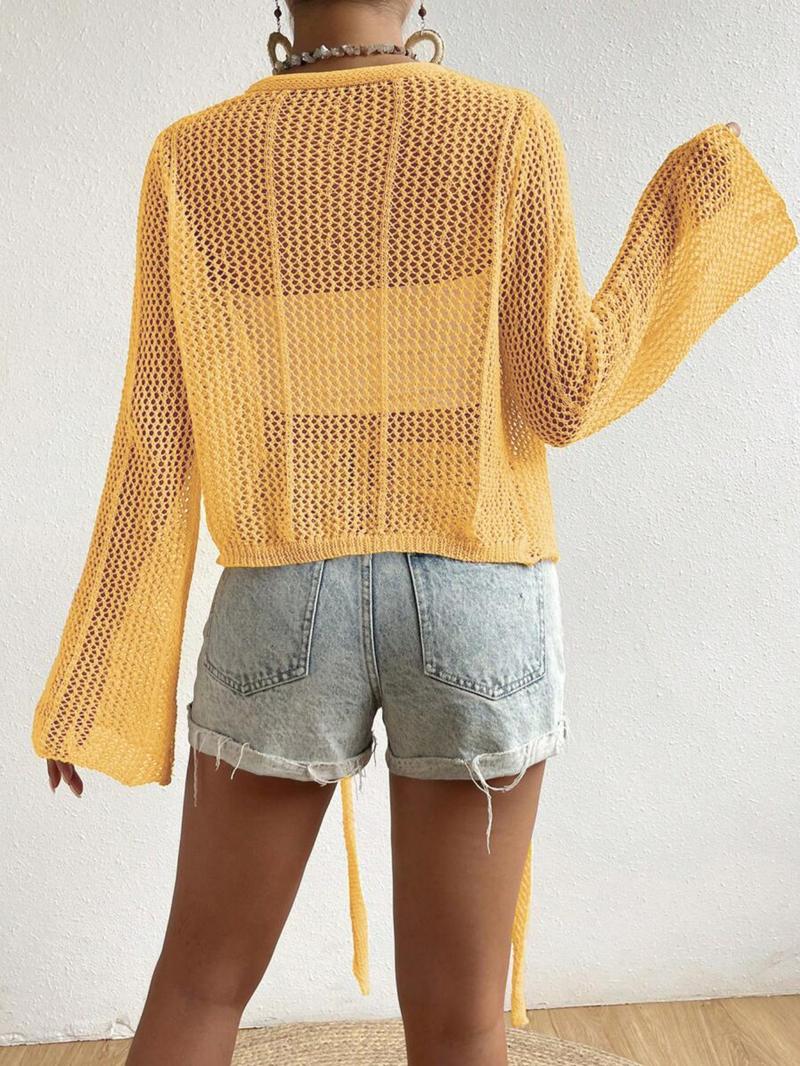 Women's Plain Knot Front Cardigan, Casual Long Sleeve Cover Up for Summer, Fashion Women's Knitwear for Beach Holiday Vacation