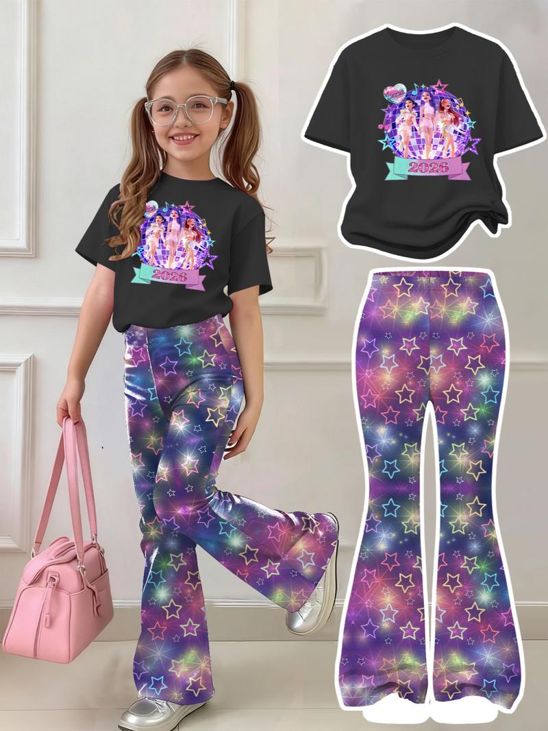 K-Pop Demon Hunters Girl Set, Y2K Sweet Cool Kpop Style, Short Sleeve T-Shirt & Derpy Huntrix Cartoon Pants