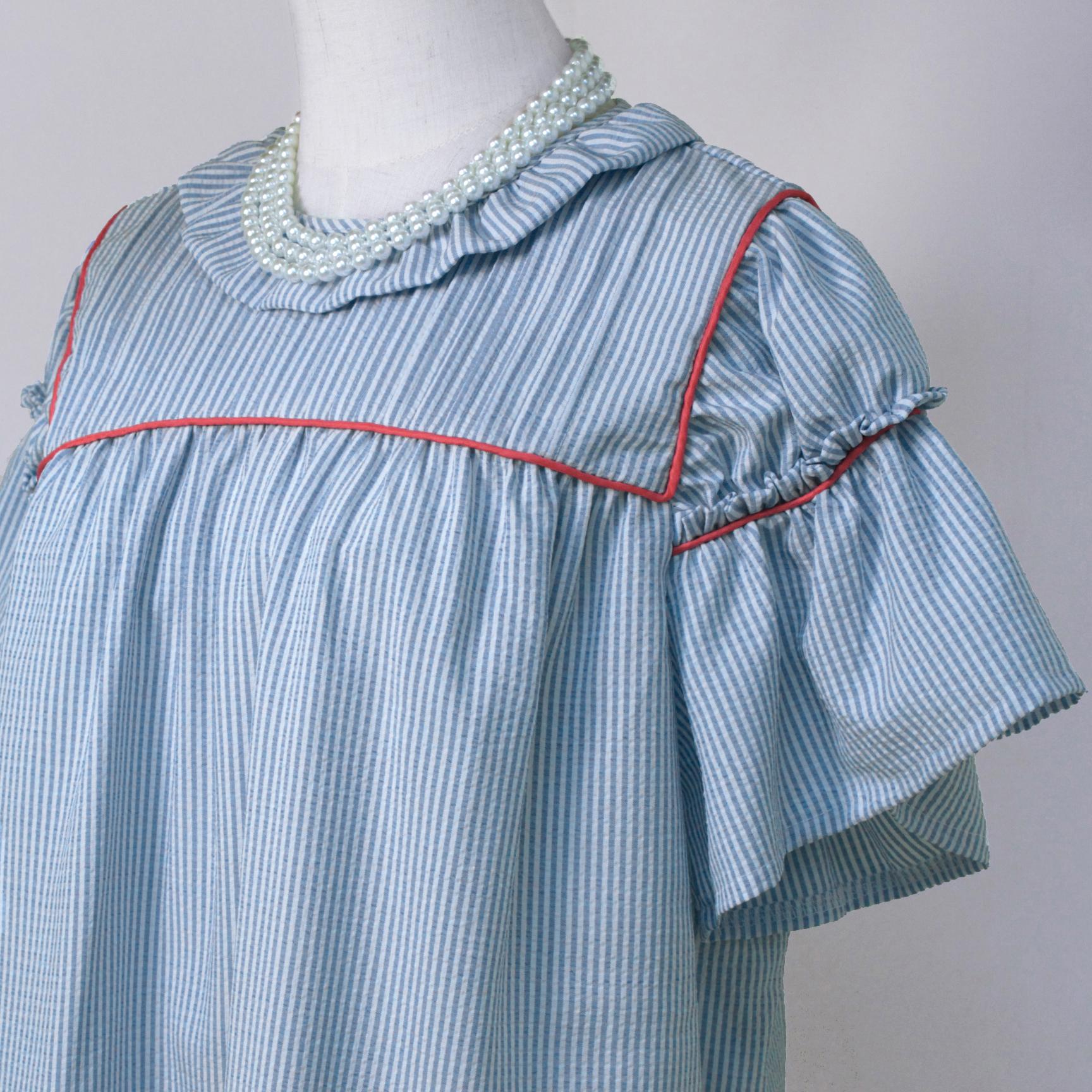SageVell Beige/Blue Striped Pleated Blouse with Ruffle Sleeves & Red Contrast Trim Top, Round Neck Short Cotton-blend Shirts for Women SageVell Beige/Blue Striped Pleated Blouse with Ruffle Sleeves & Red Contrast Trim Top, Round Neck Short Cotton-blend Shirts for Women