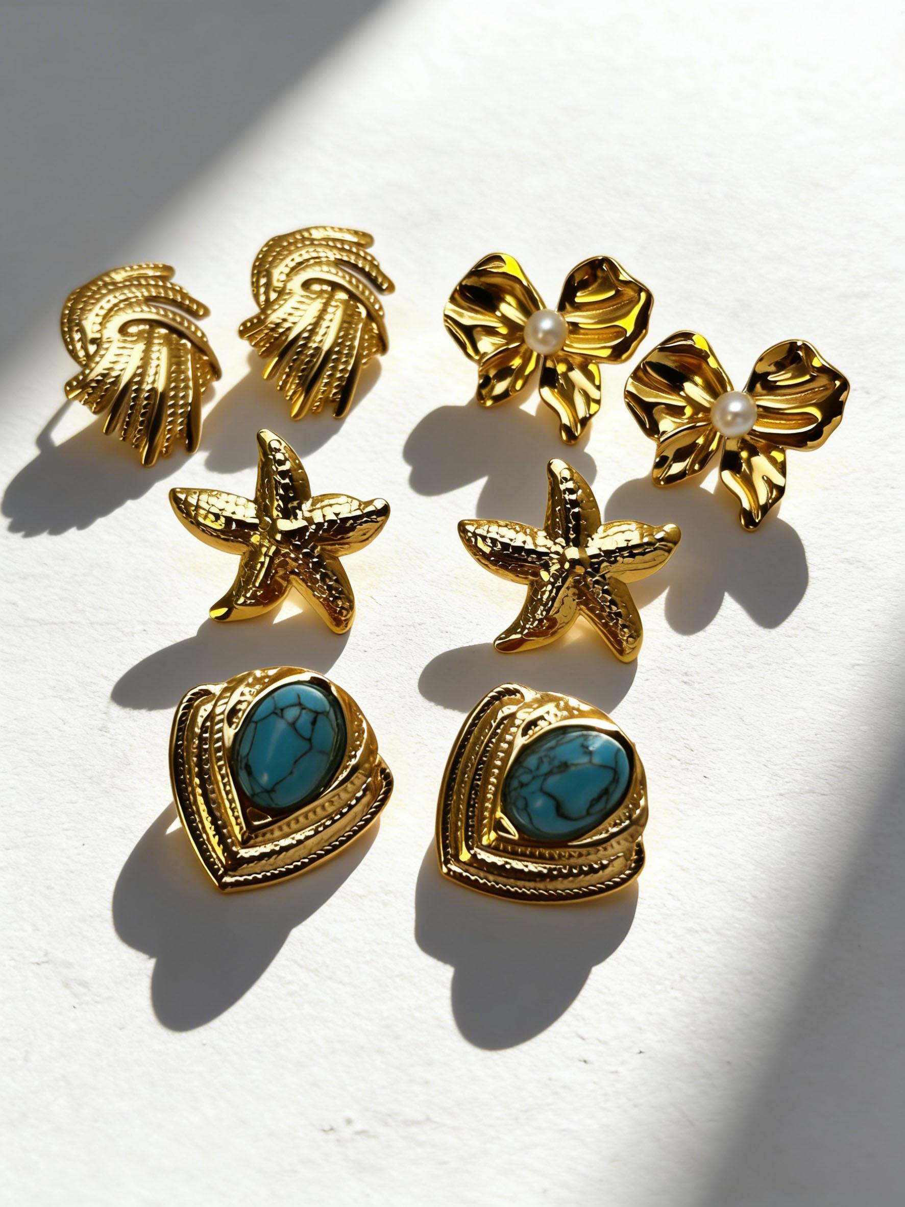 Boho Gold Statement Earrings for Women, Waterproof Stainless Steel Gold Studs with Pearl/Turquoise, Trendy Fashion Jewelry Gift for Her