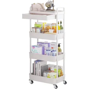 4-Tier Rolling Cart with Drawer,Multifunctional Organizer with Shelf & Wheel,Cart for,,Living Room,Office,White