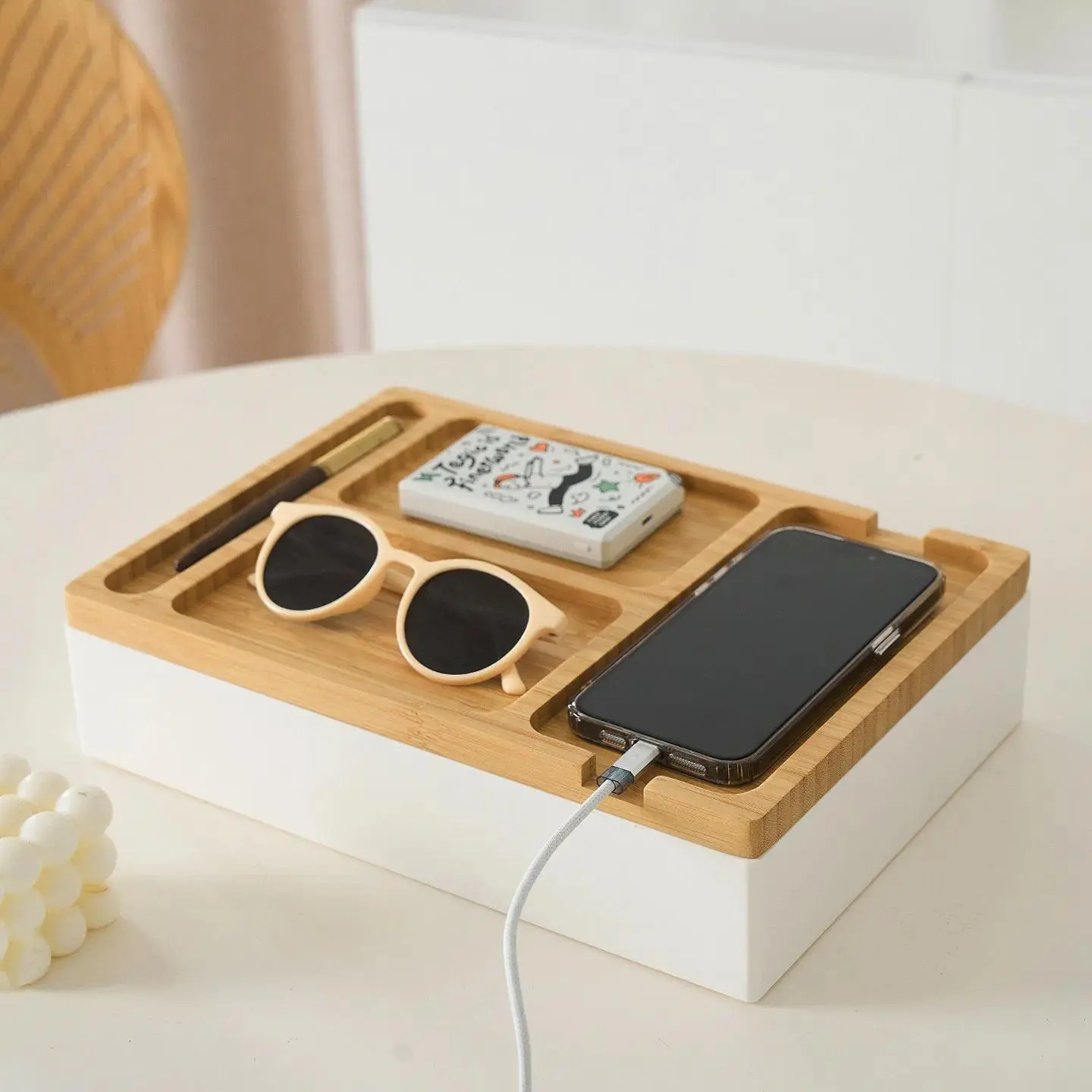 Zhubaijia Bamboo Wooden Desktop Storage Box Multi Compartment Organizer Phone Charging Stand Retro Sunglasses Storage