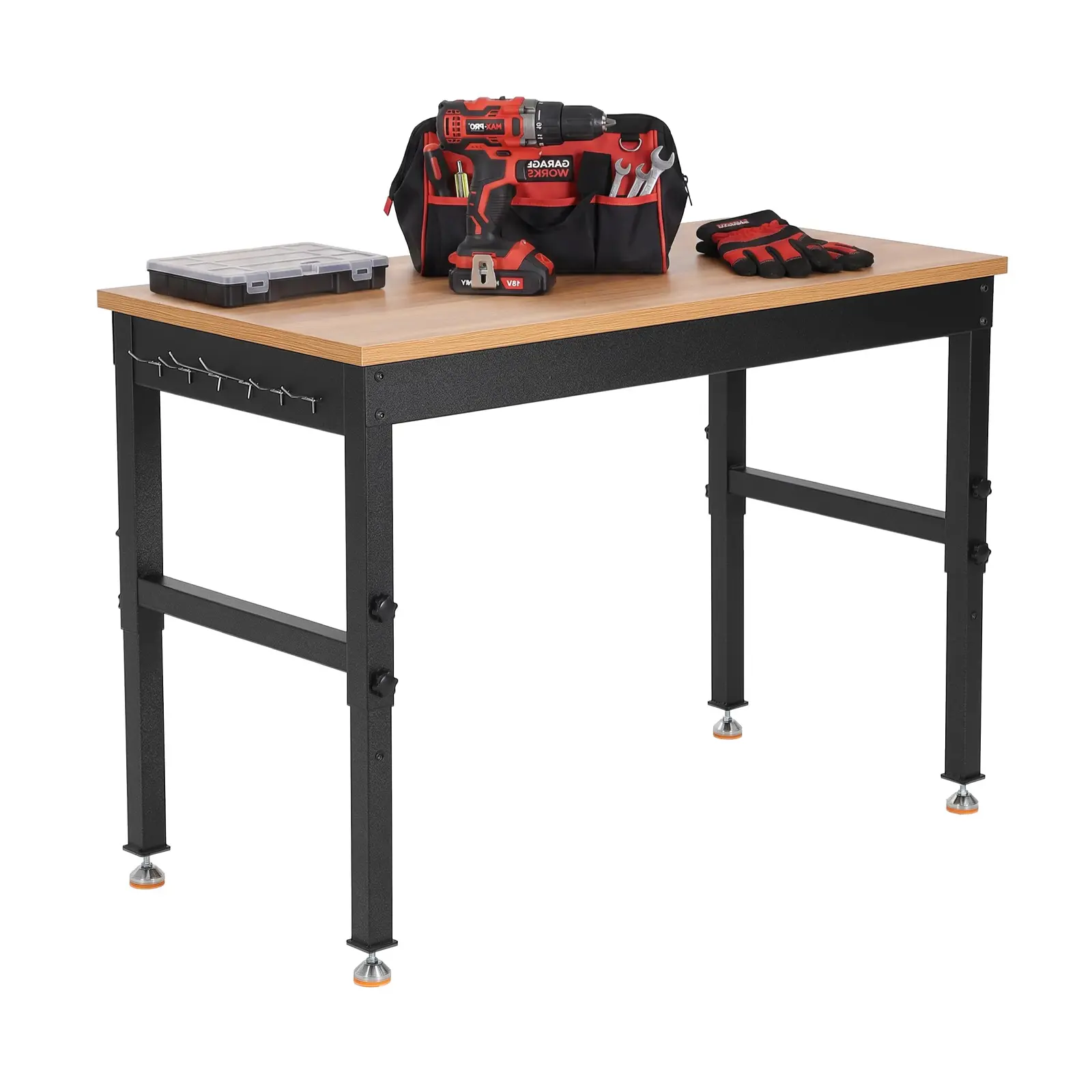 Garage Workbench, 2200 lbs Load Capacity Heavy Duty Work Bench with Solid Hardwood Top & Steel Frame, Adjustable Height 29.5"-37", Built-in Power Outlets, Work Table for Garage, Workshop, Office