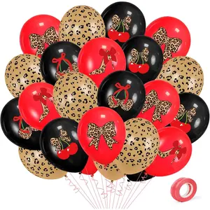 52 count  Cherry Print Birthday Decorations,12 Inch Leopard Bow Red and Black Latex Balloons Kit for Bachelorette Party Decor Women's Birthday  Shower