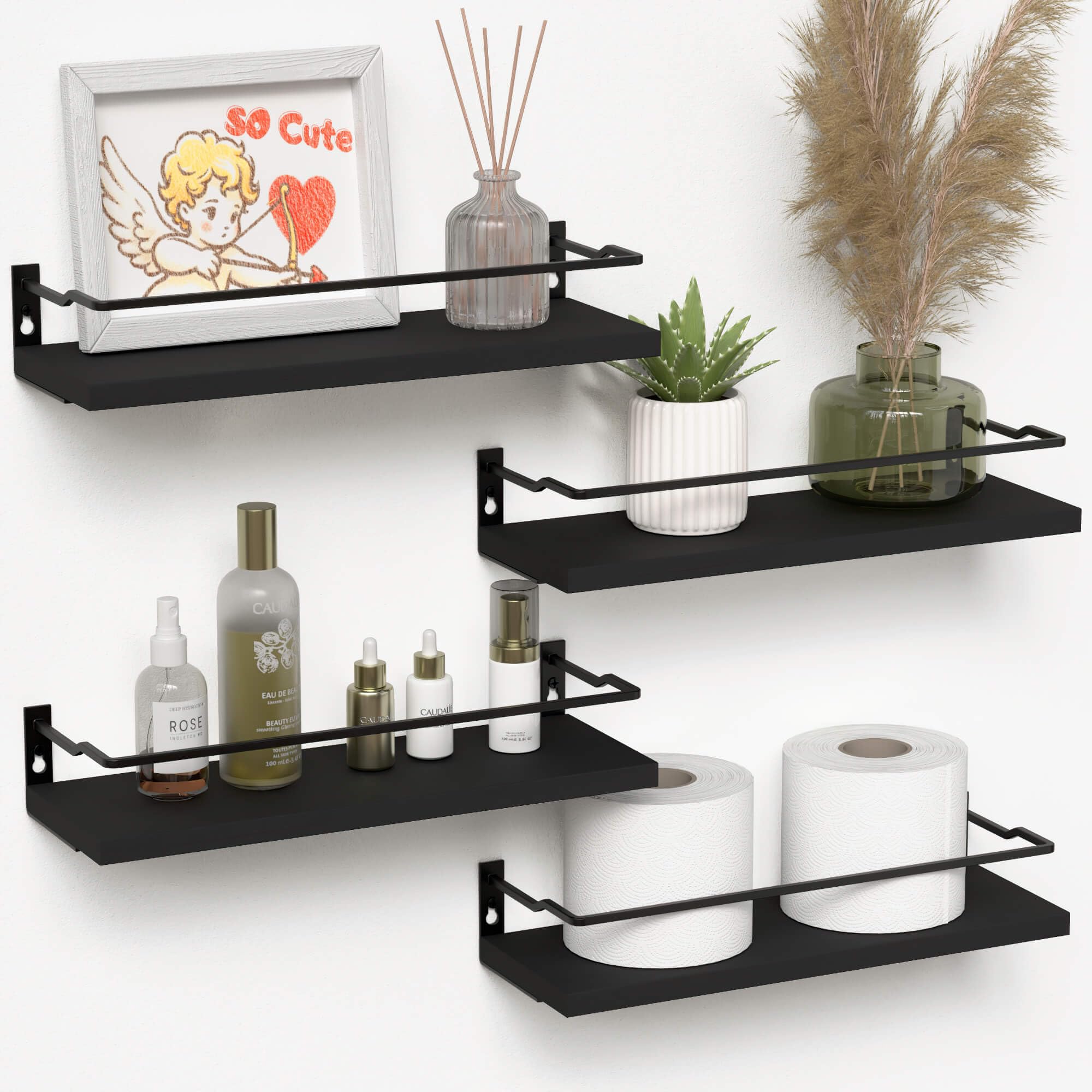 Bathroom Floating Shelves with Guardrail, Set of 4 Wall Mounted Small Storage Bathroom Shelves, Rustic Bathroom Shelves Over Toilet, Wall Shelves for Kitchen Living Room Bedroom - Black- Carbonized Black-White