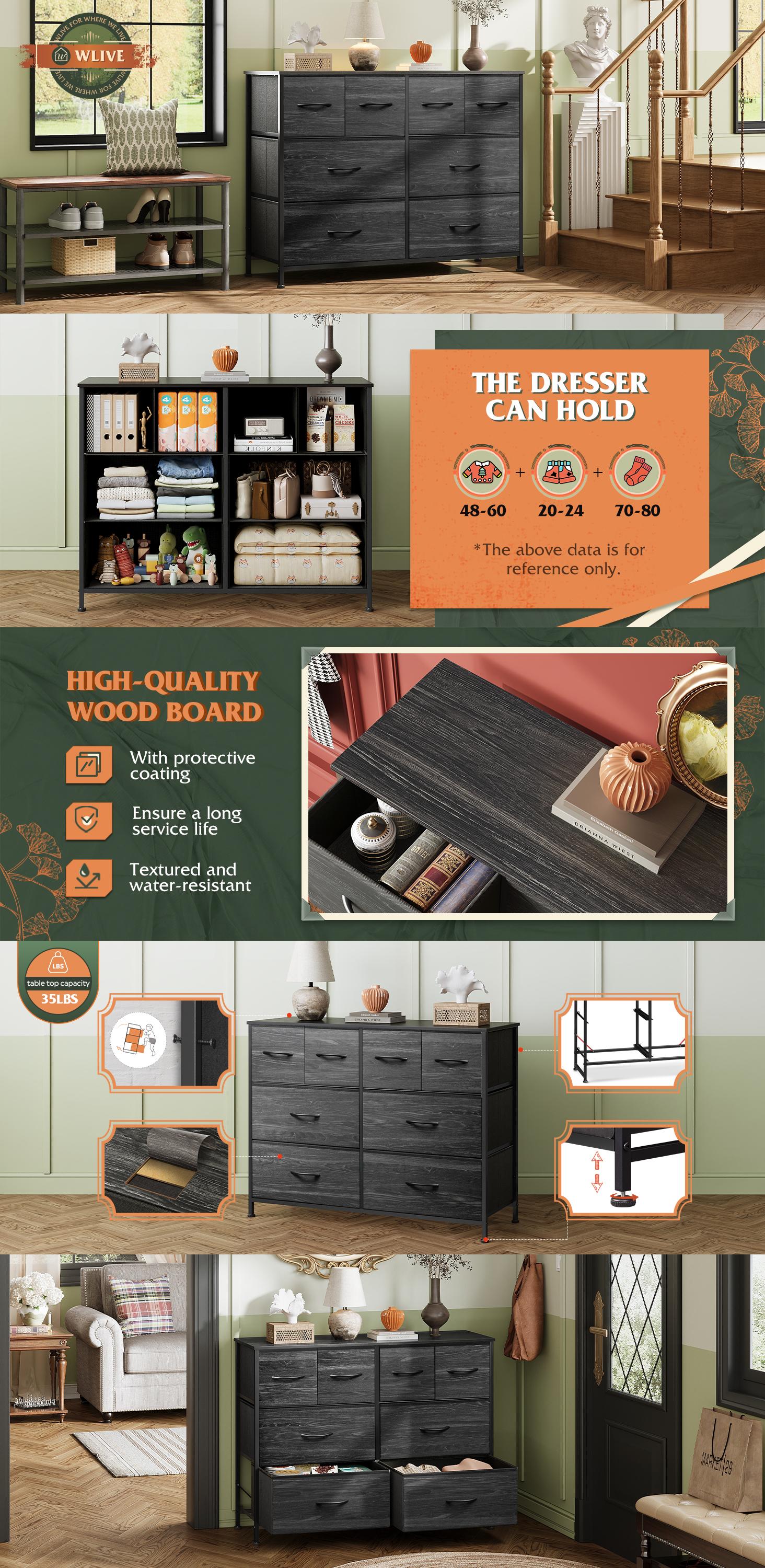 WLIVE Dresser with 8 Drawers, Wide Fabric Dresser for Storage and Organization, Bedroom Dressers, Chest of Drawers for Living Room, Closet, Hallway