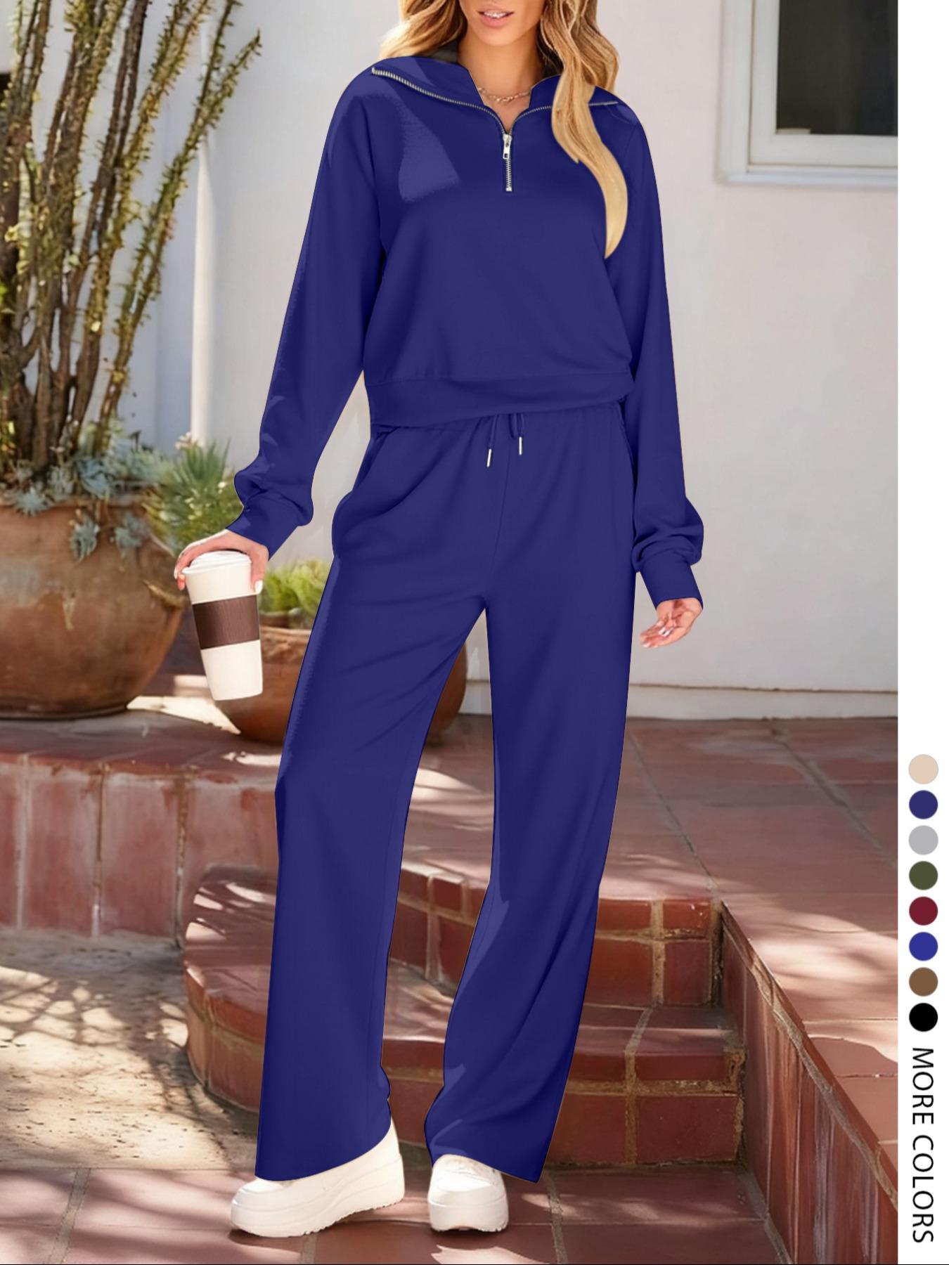 Pure Color Half-Zip Shoulder Pad Sporty Top Long Pants Set, Casual Loose-Fitting Short Upper Long Lower, Perfect for Spring Summer