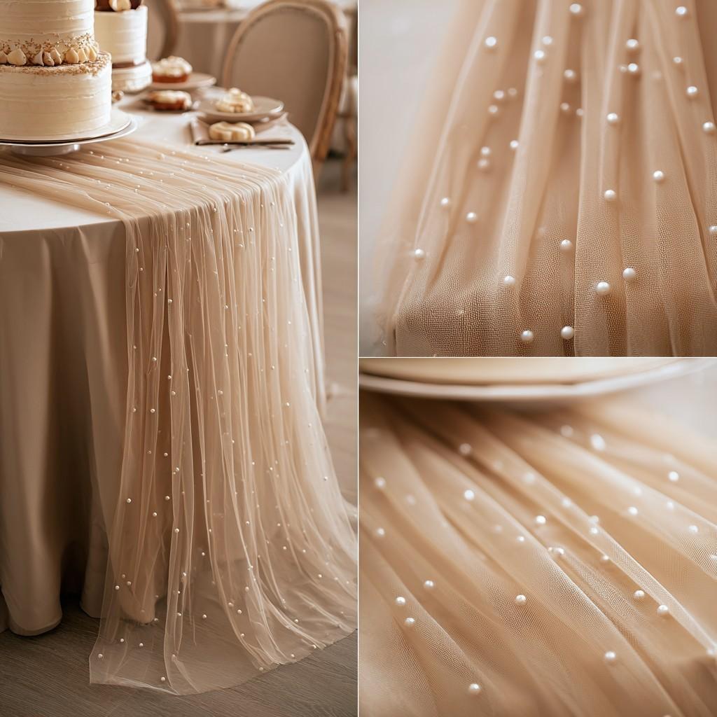 A 1/2/3-piece set of champagne-colored pearl tulle table runners, Sheer, suitable for romantic wedding venues and holiday party decorations.Adorn tables, arches, chair backs, and bridal veils, perfect for Valentine's Day and spring outdoor weddings