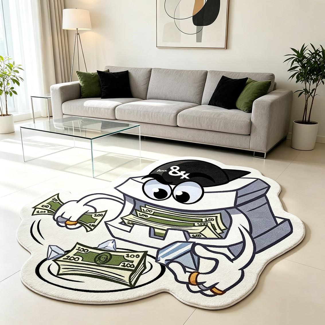 Cartoon treasure chest character alien carpet, plush floor mat with banknote diamond pattern, anti slip decorative floor mat for the bedroom with the theme of sudden wealth, Modern indoor rug