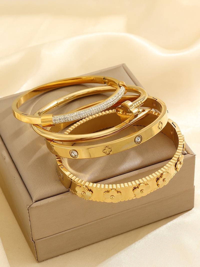 4 Piece Fashion Waterproof Titanium Steel Bracelet Set, Rhinestone Embellished, Plated, Elegant Jewelry Bracelet, Vintage Luxury Style