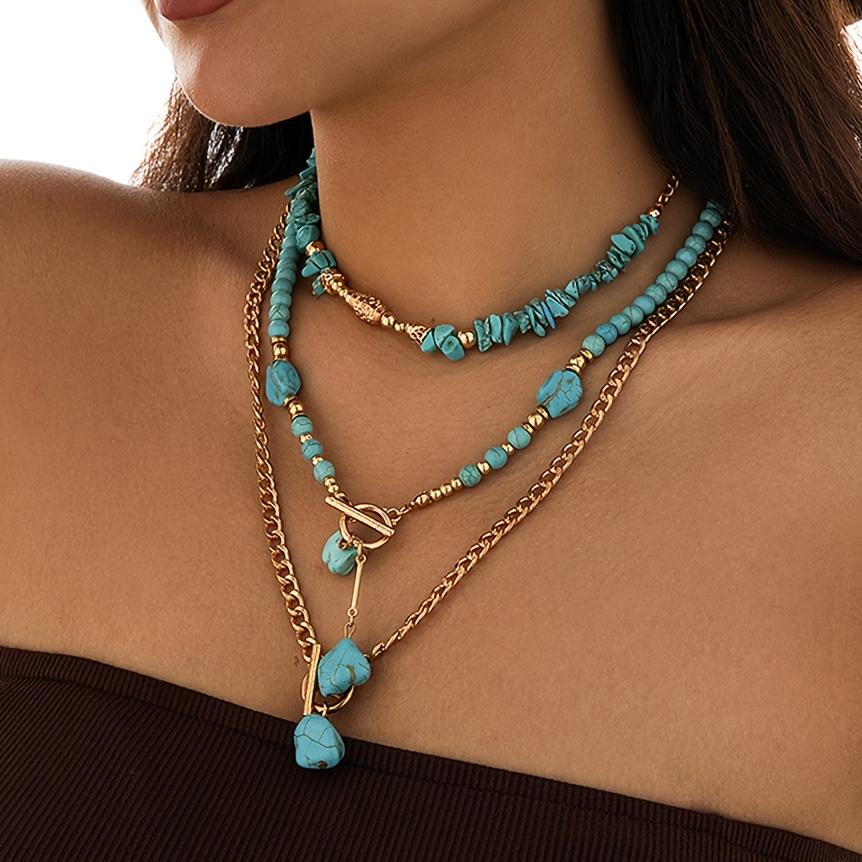 Women's 3-Piece Stackable Layered Necklaces, Bohemian Jewelry with Synthetic Turquoise Synthetic Gemstone Alloy Beads, Evening Party Daily Wear Birthday Gift
