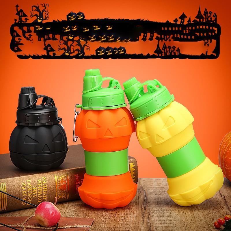 Outdoor sports water bottle, silicone folding cup, Halloween-inspired pumpkin design, telescopic and portable silicone water cup, collapsible water bottle, travel water bottle, sports portable sports water bottle, reusable water bottle, equipped with clim