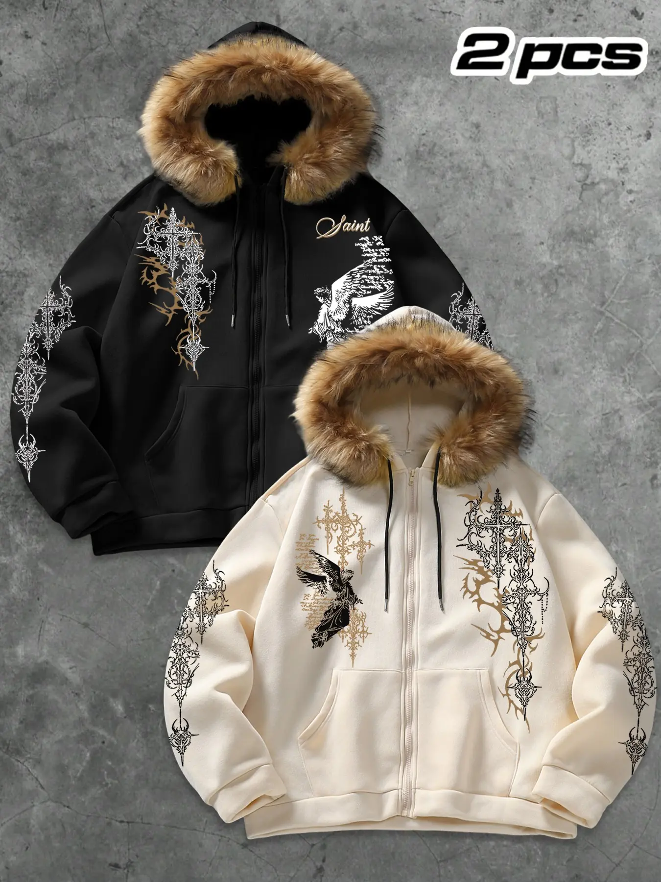 Men's Angel Print Loose Hooded Sweatshirt, Zipper Fur Collar Pocket Design, Fall Winter Casual Warm Clothing, Durable Comfortable Outerwear